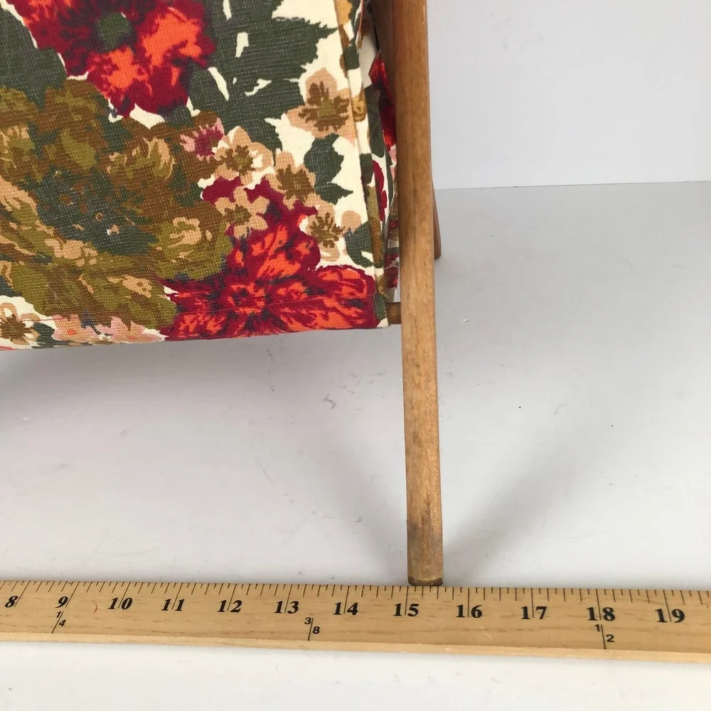 VTG Floral Tapestry Folding Knitting Yarn Basket Wooden Magazine Rack MCM Red EC